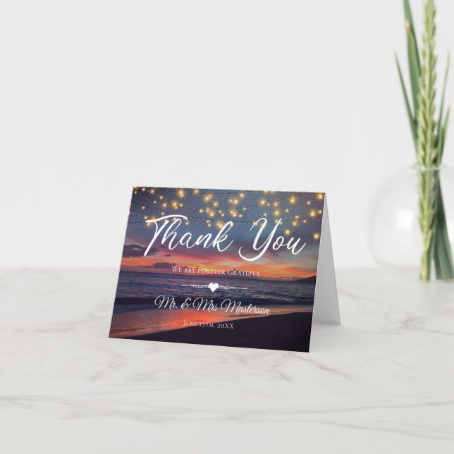Summer Sunset String Lights Tropical Beach Wedding Thank You Card (Front)