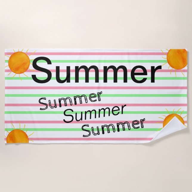 Summer Sunsets Pink Green White Stripes Beach Towel (Front)