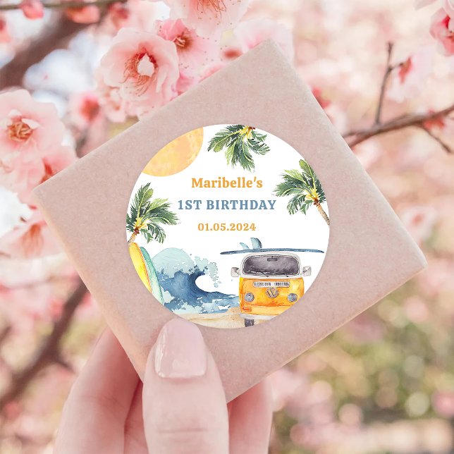 Summer Surf Birthday Party Classic Round Sticker (Creator Uploaded)