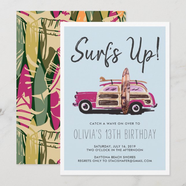 Summer Surf Party | Vintage Pink Car Invitation (Front/Back)