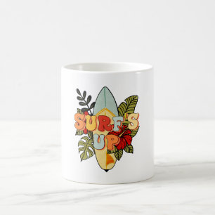 Summer surfing beach flowers and tropical leafs coffee mug
