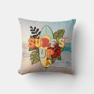 Summer surfing beach flowers and tropical leafs throw pillow