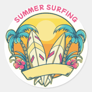Summer surfing classic round sticker