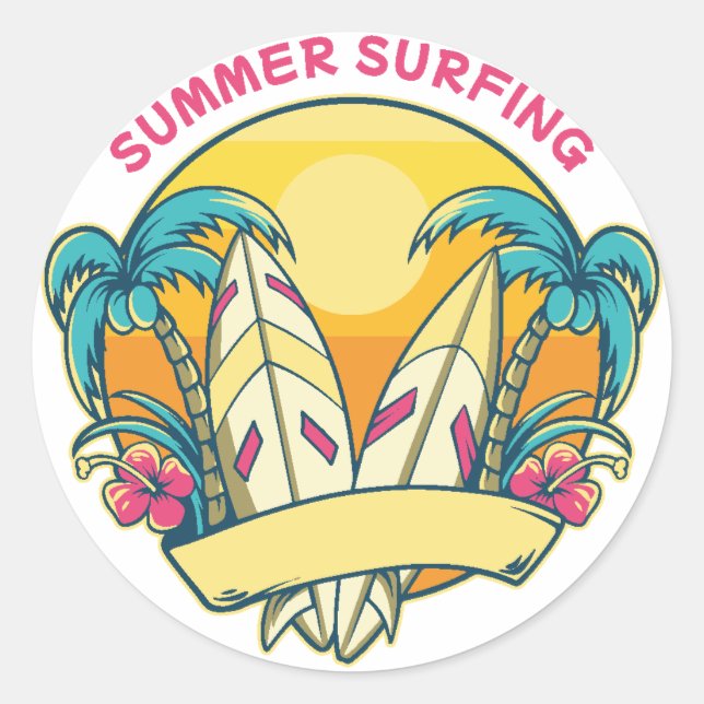 Summer surfing classic round sticker (Front)