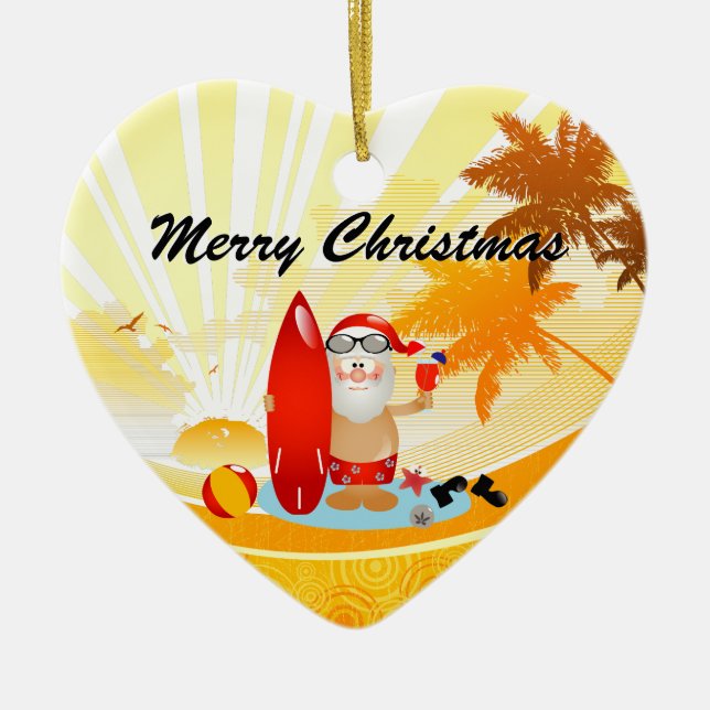 Summer Surfing Santa Ceramic Ornament (Front)