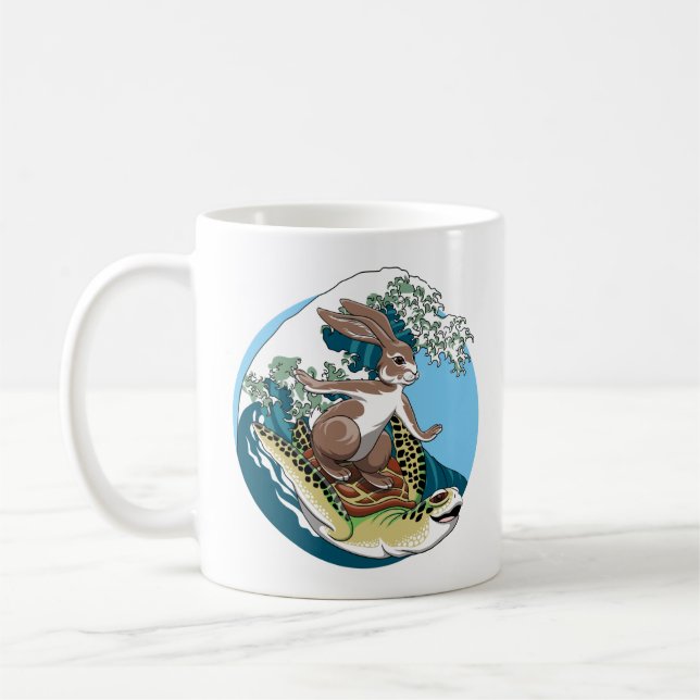 Summer Surfing - Turtle and Rabbit Illustration Coffee Mug (Left)