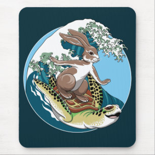 Summer Surfing - Turtle and Rabbit Illustration Mouse Pad
