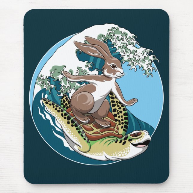 Summer Surfing - Turtle and Rabbit Illustration Mouse Pad (Front)