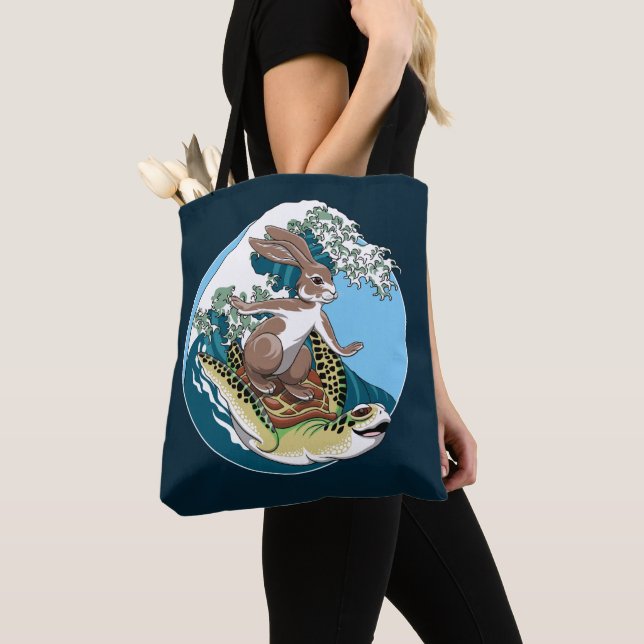 Summer Surfing - Turtle and Rabbit Illustration Tote Bag (Close Up)