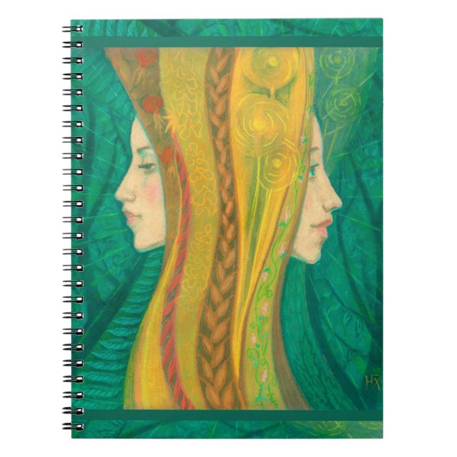 Summer, surreal art, forest fantasy green & yellow notebook (Front)