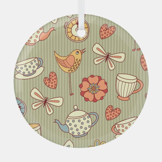 Summer Tea Party: Seamless Pattern Glass Ornament (Front)