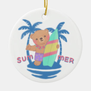Summer Teddy Bear Surfer in Hawaii Ceramic Ornament