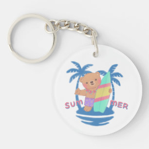 Summer Teddy Bear Surfer in Hawaii Keychain
