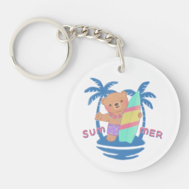 Summer Teddy Bear Surfer in Hawaii Keychain (Front)