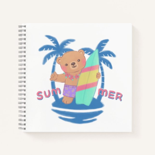 Summer Teddy Bear Surfer in Hawaii Notebook (Front)