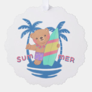 Summer Teddy Bear Surfer in Hawaii Ornament Card