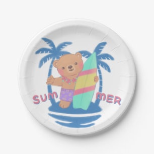 Summer Teddy Bear Surfer in Hawaii Paper Plate