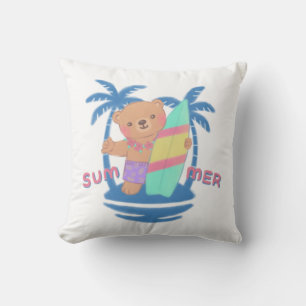 Summer Teddy Bear Surfer in Hawaii Throw Pillow