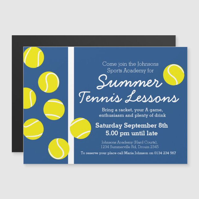 Summer tennis lessons blue & white court magnetic invitation (Front/Back)