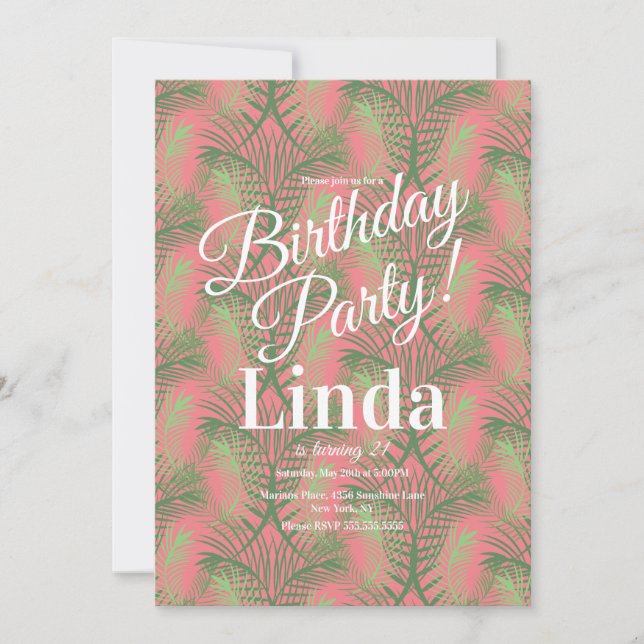Summer Themed Palm Tree Leaf Greenery Pink Invitation (Front)
