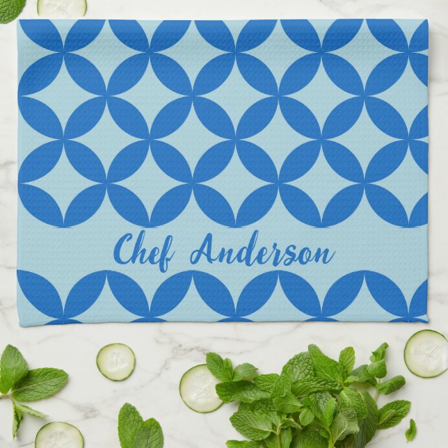 Summer tile with azure circles on baby blue kitchen towel (Folded)