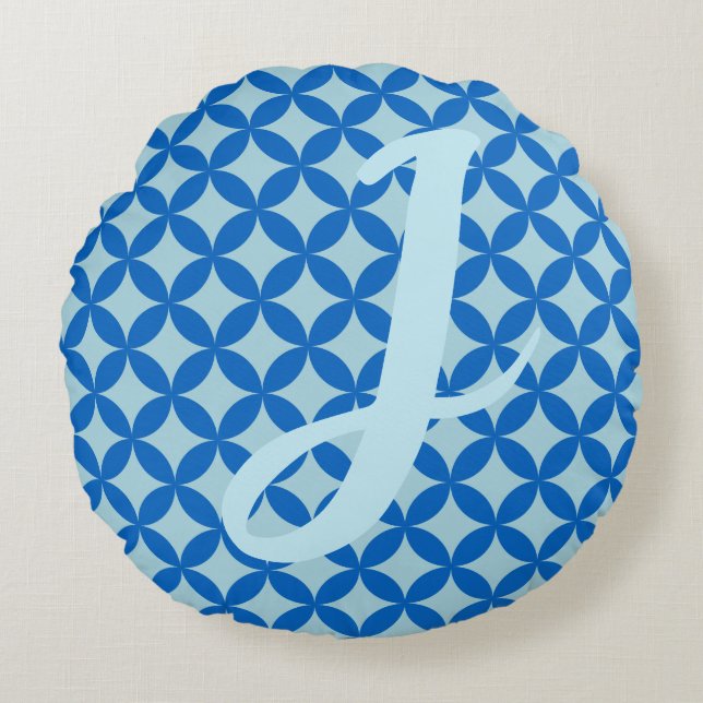 Summer tile with azure circles on baby blue round pillow (Front)