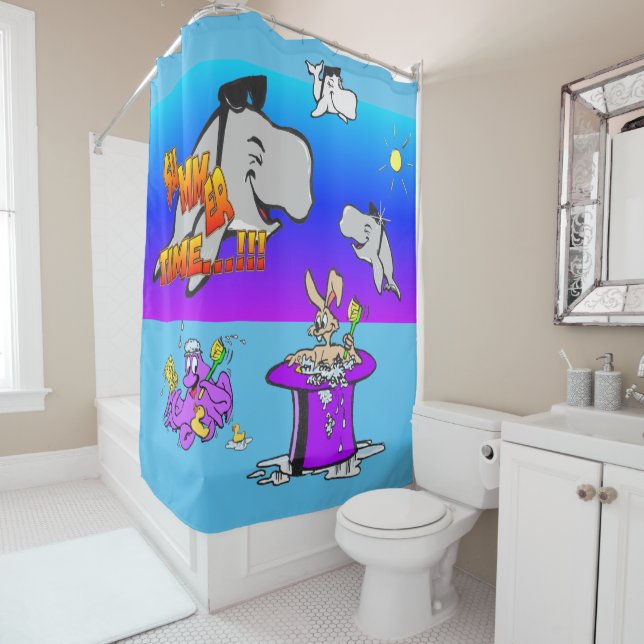 Summer Time Cartoons Turqoise Shower Curtain (In Situ)
