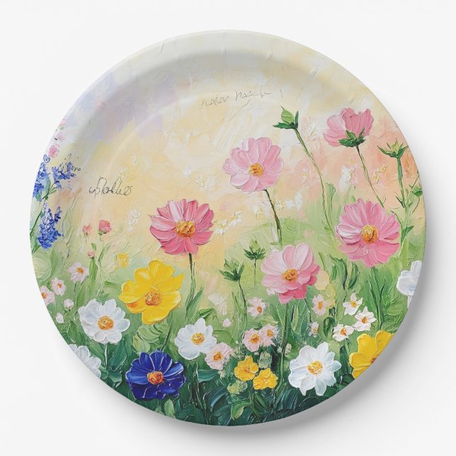 Summer time. Colourful flowers. Art.  Paper Plate (Front)