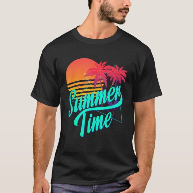 Summer Time Retro 80s Beach Scene with Palm Trees  T-Shirt (Front)