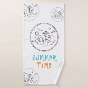Summer Time Vibes of Sun & Vacation, Sketched Art Bath Towel