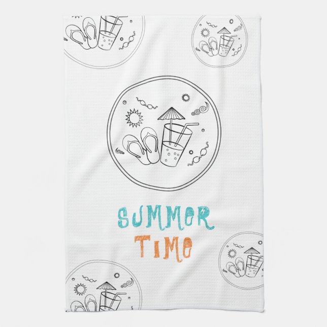 Summer Time Vibes of Sun & Vacation, Sketched Art Kitchen Towel (Vertical)