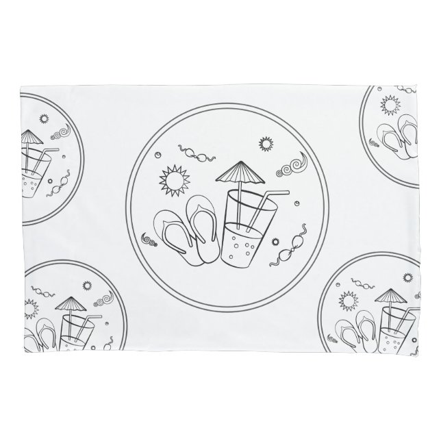 Summer Time Vibes of Sun & Vacation, Sketched Art Pillowcase (Front)
