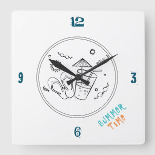 Summer Time Vibes of Sun & Vacation, Sketched Art Square Wall Clock