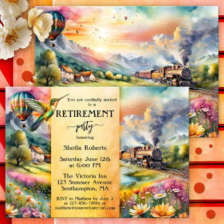 Summer Train Watercolor Travel Retirement Party Invitation