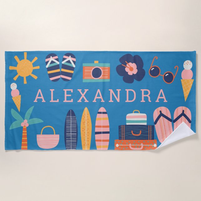 Summer Travel Theme Cute Blue Personalized  Beach Towel (Front)