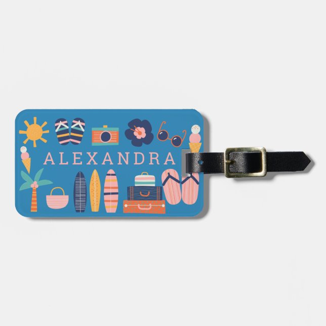 Summer Travel Theme Cute Blue Personalized   Luggage Tag (Front Horizontal)