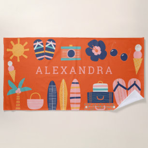 Summer Travel Theme Cute Orange Personalized Beach Towel