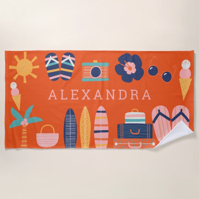 Summer Travel Theme Cute Orange Personalized  Beach Towel (Front)