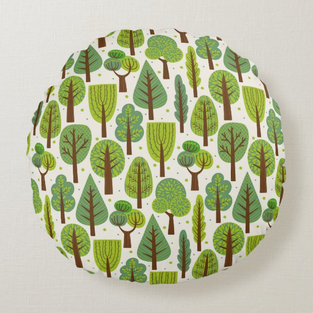 Summer Trees: Green Seamless Pattern Round Pillow (Front)