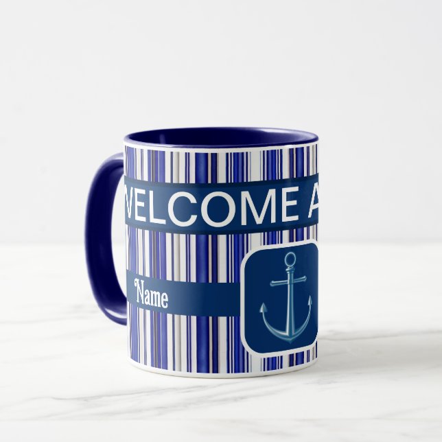 Summer Trendy Navy Blue Boat Stripes Collection Mug (Front Left)