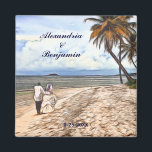 Summer Tropical Beach Wedding Watercolor Custom Magnet<br><div class="desc">Summer Tropical Beach Wedding Watercolor Magnets has a beautiful wedding couple enjoying a romantic walk on the beach with the palm trees,  blue sea water and sky.  Photograph of wedding couple copyright Denise Bennerson,  photographer taken on the beautiful beach in St. Croix US Virgin Islands.</div>