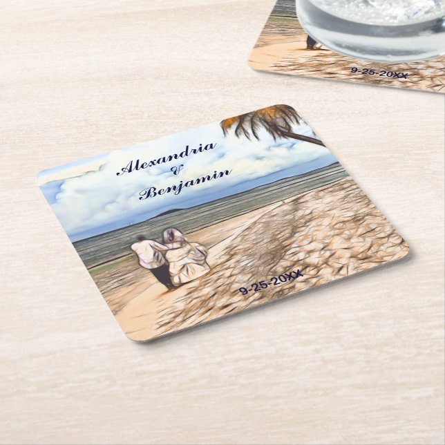 Summer Tropical Beach Wedding Watercolor Custom Square Paper Coaster (Angled)