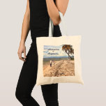 Summer Tropical Beach Wedding Watercolor Custom Tote Bag<br><div class="desc">Summer Tropical Beach Wedding Watercolor Tote Bag for any bride-to-be to use and give to your wedding party. It has a beautiful wedding couple enjoying a romantic walk on the beach with the palm trees, blue sea water and sky. Personalize it with your information. Photograph of wedding couple copyright Denise...</div>
