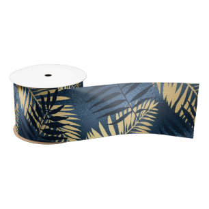 Summer Tropical Blue Palm Leaves Gold Navy Exotic  Satin Ribbon