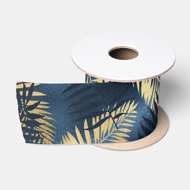 Summer Tropical Blue Palm Leaves Pattern Satin Ribbon (Spool)