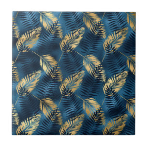Summer Tropical Blue Palm Leaves Pattern Tile