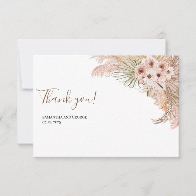 Summer Tropical Boho Dried Palm Pampas Grass Thank You Card (Front)