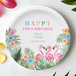 Summer Tropical Flamingo Happy 1st Birthday Party Paper Plate
