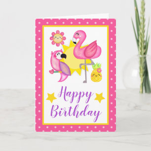 Summer Tropical Flamingo & Parrot Birthday Card