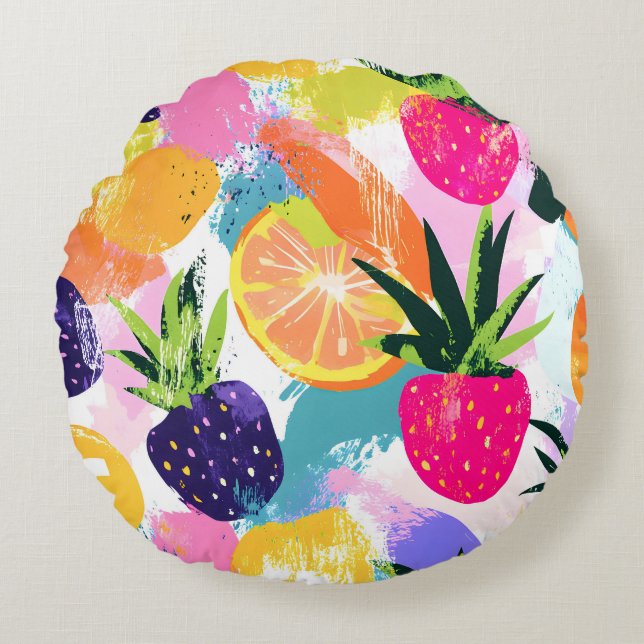 Summer Tropical Fruit Fiesta  Round Pillow (Front)